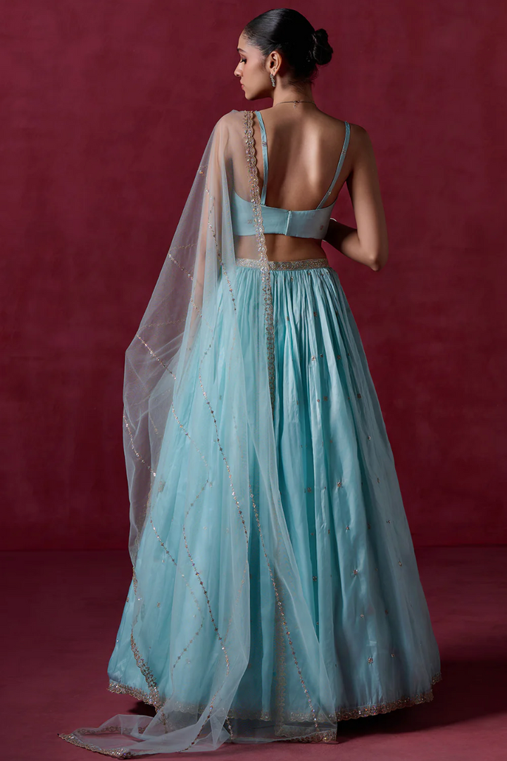 Light Dusty Blue Embroidered Organza Lehenga