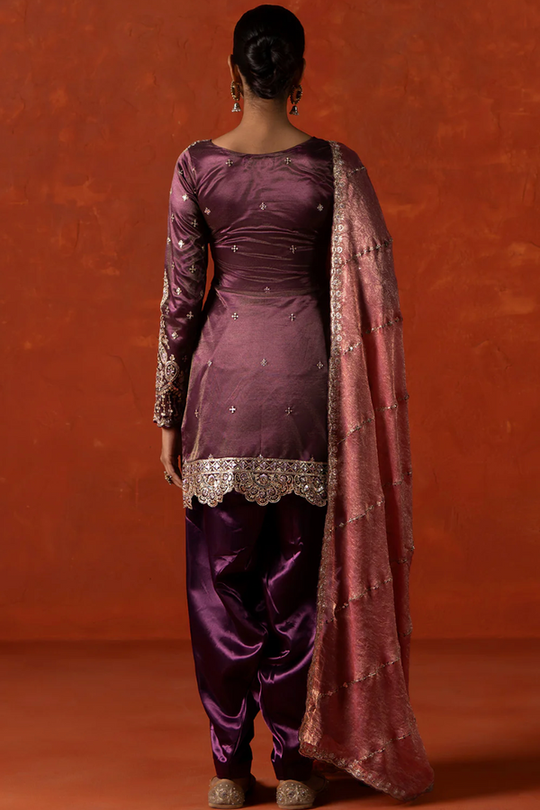 Deep Wine Embroidered Satin Punjabi Suit