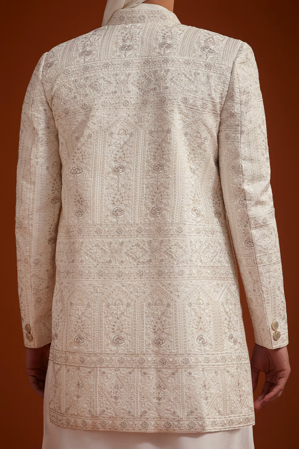Ivory Open Jacket Sherwani with Resham Embroidery