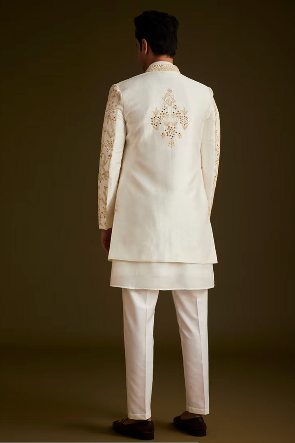 Cream Classic Embroidered Sherwani Set