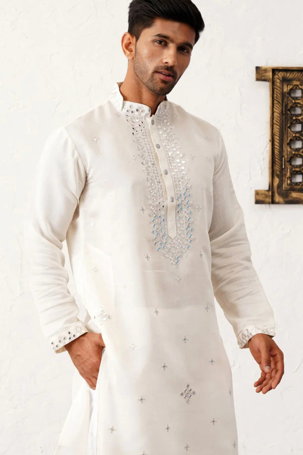 Off-White Mirror & Thread Embroidered Kurta