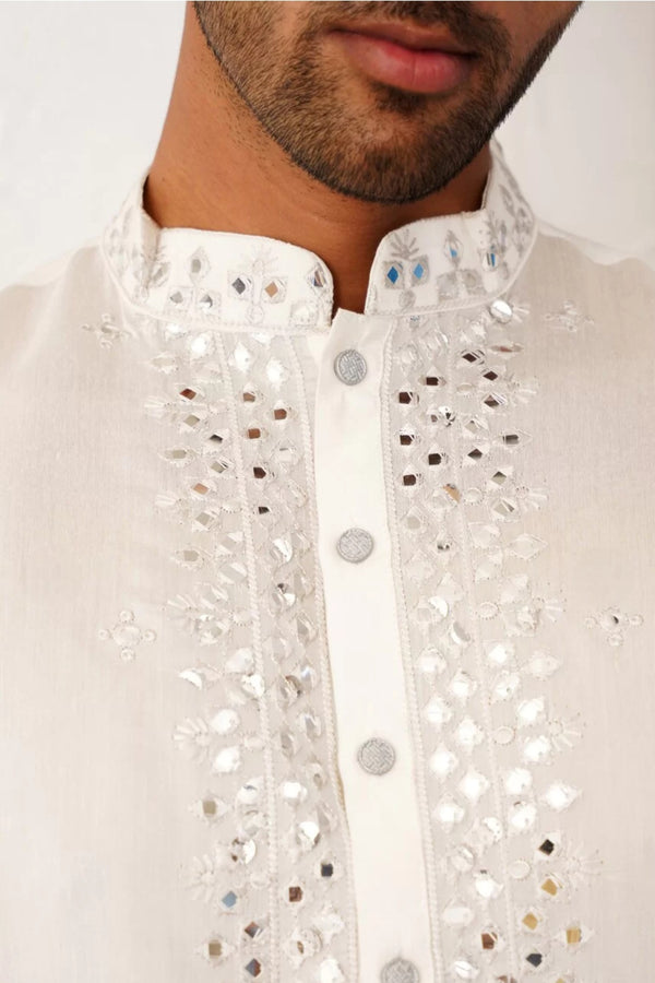 Off-White Mirror & Thread Embroidered Kurta