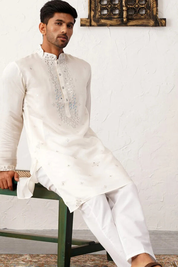 Off-White Mirror & Thread Embroidered Kurta