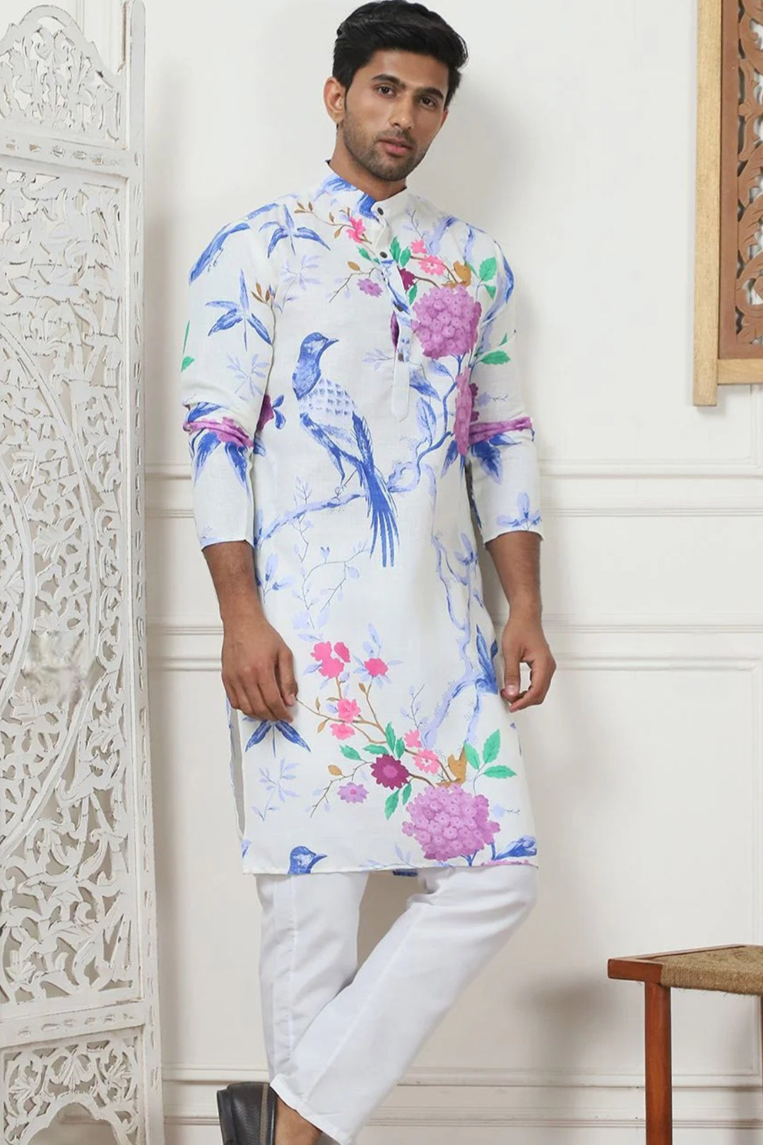 Ivory Multicolor Bird & Bloom Printed Kurta (Outside Ontario)