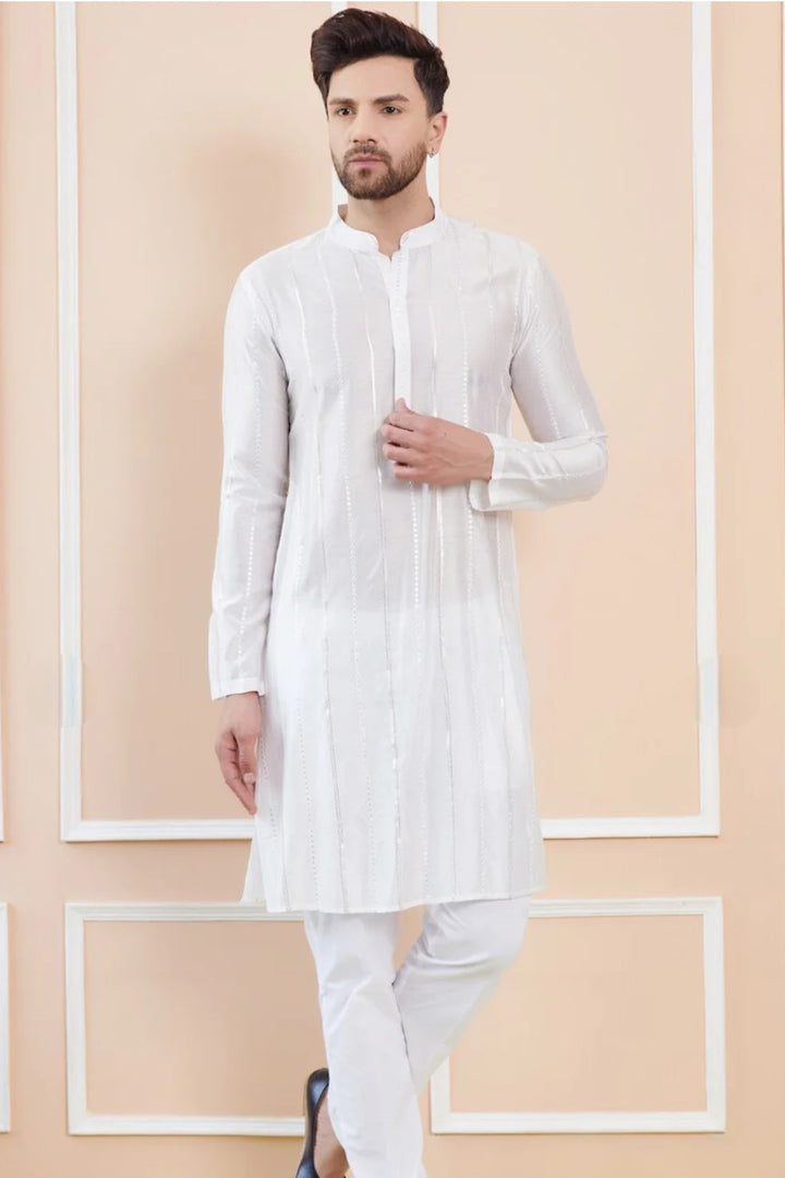 Mirror-Stripe White Kurta Set (Outside Ontario)