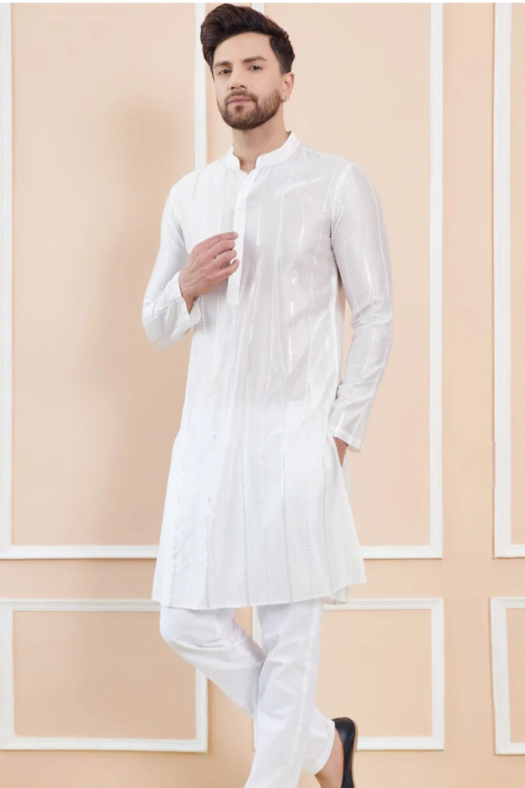 Mirror-Stripe White Kurta Set (Outside Ontario)