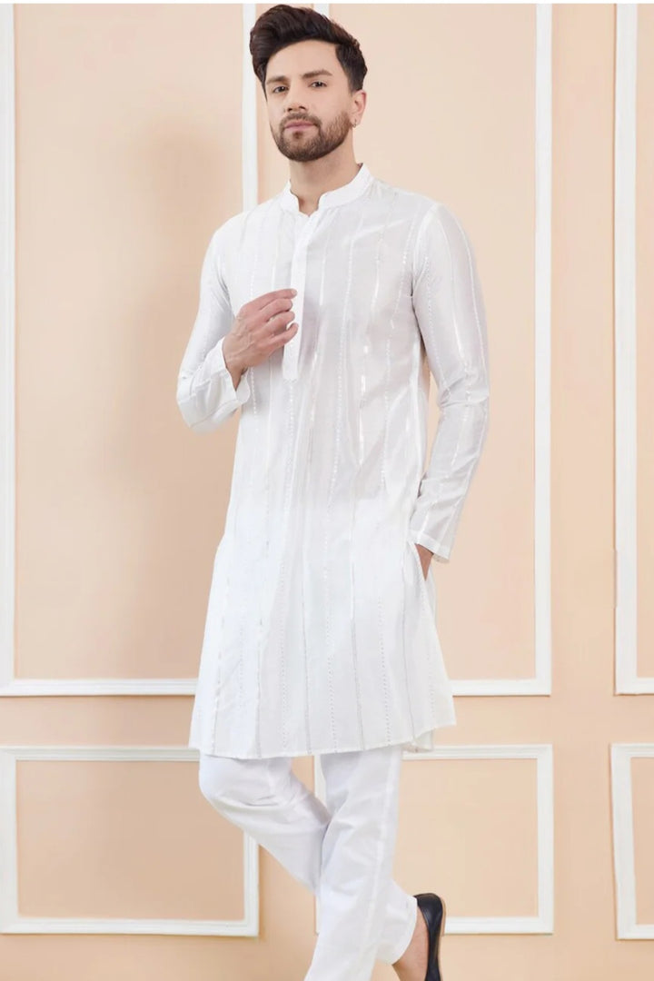 Mirror-Stripe White Kurta Set (Outside Ontario)