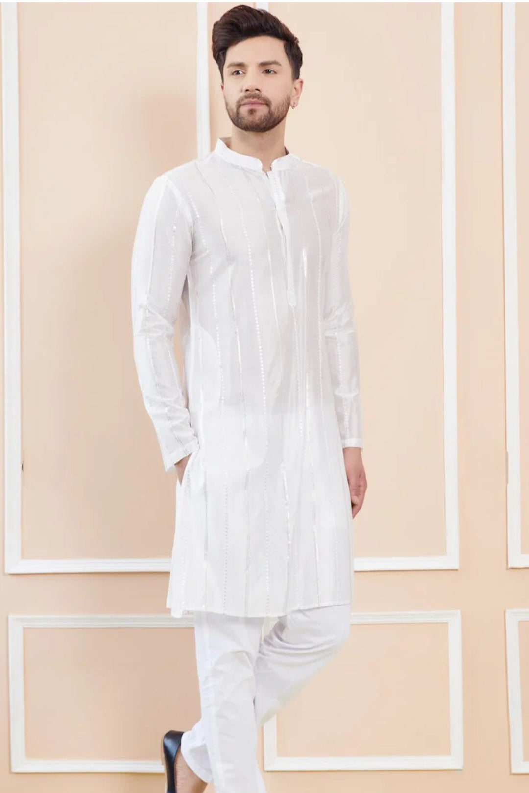 Mirror-Stripe White Kurta Set (Outside Ontario)