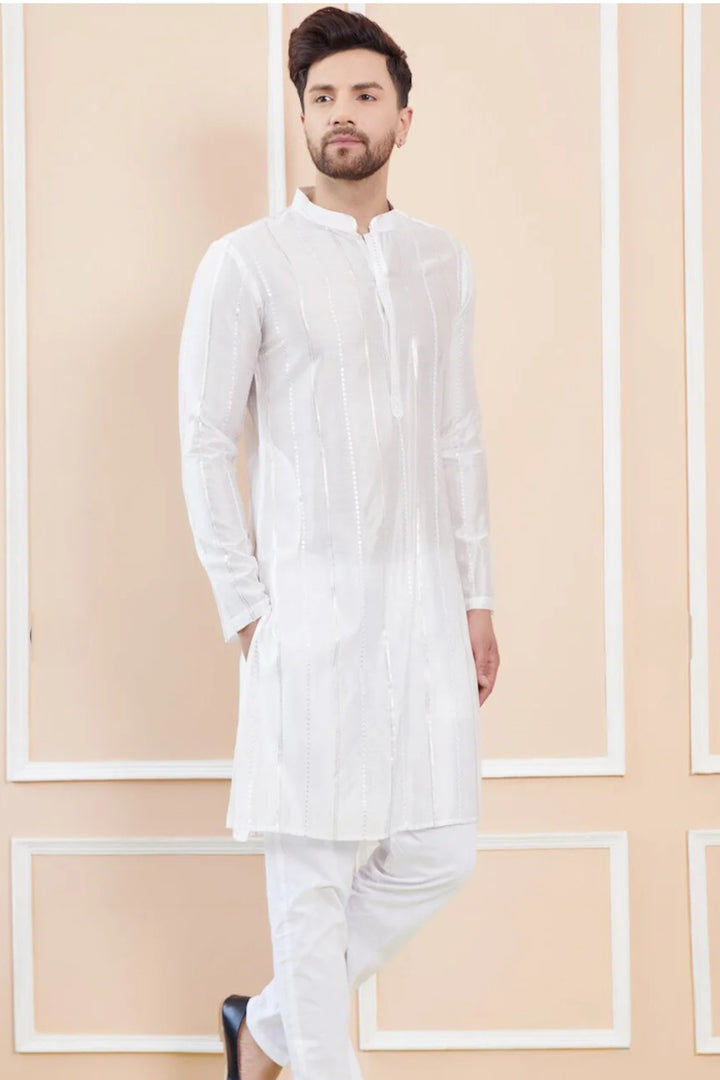 Mirror-Stripe White Kurta Set (Outside Ontario)