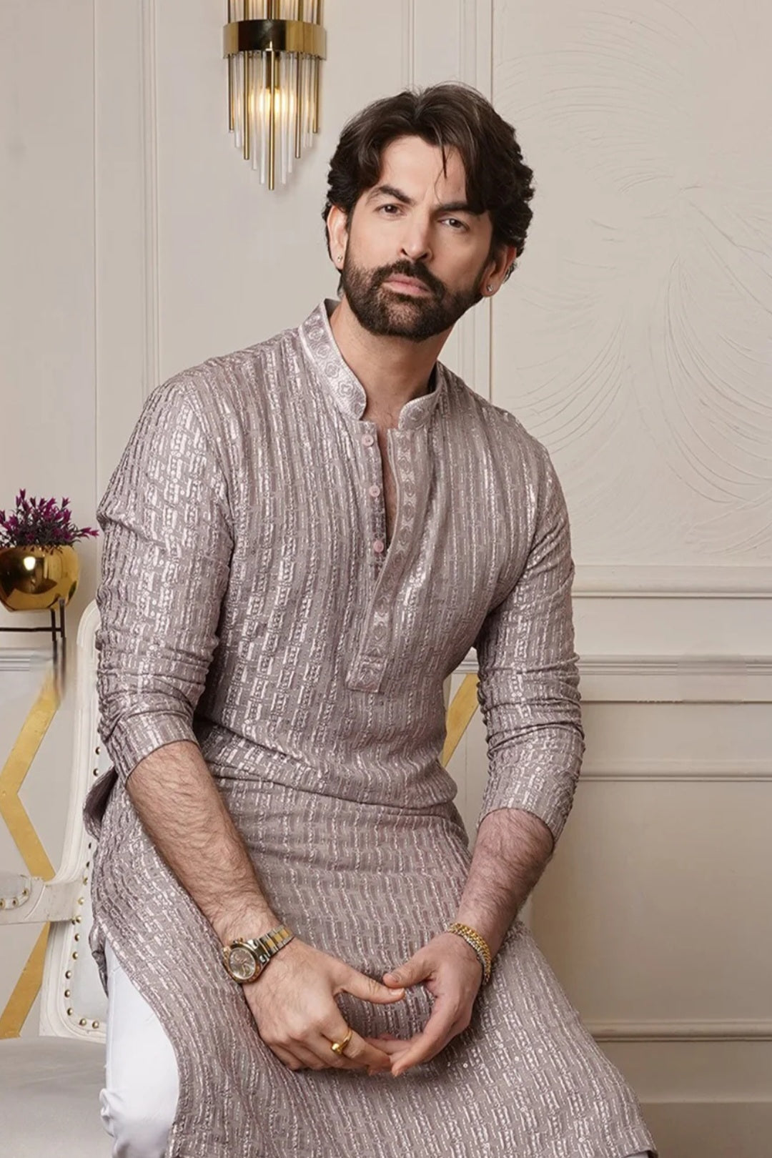 Textured Taupe Metallic Kurta Set