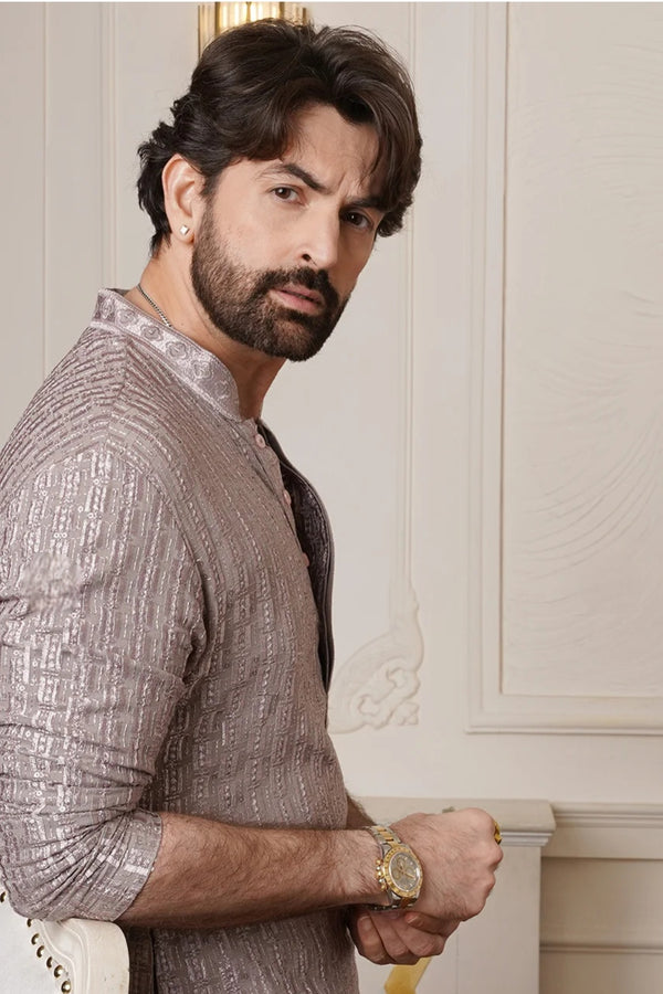 Textured Taupe Metallic Kurta Set