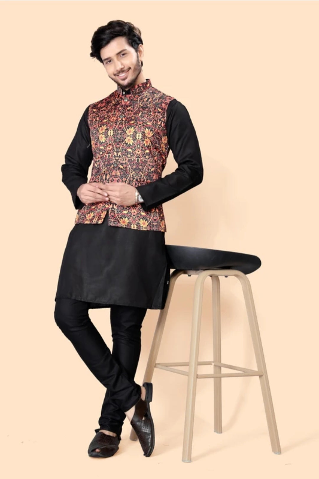 Black Onyx Kurta with Maroon Brocade Jacket (Outside Ontario)