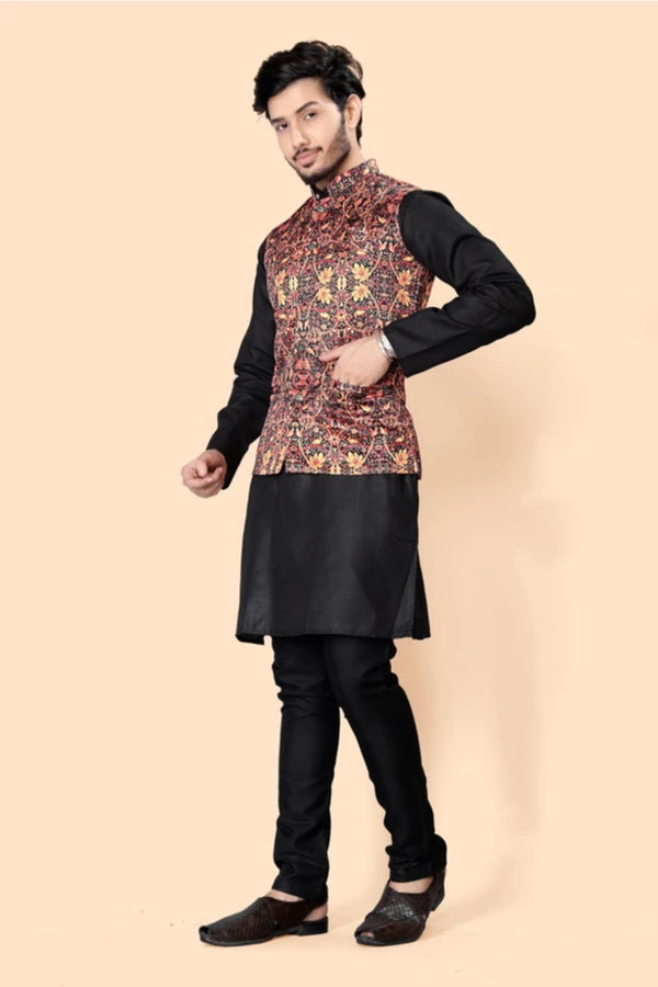 Black Onyx Kurta with Maroon Brocade Jacket