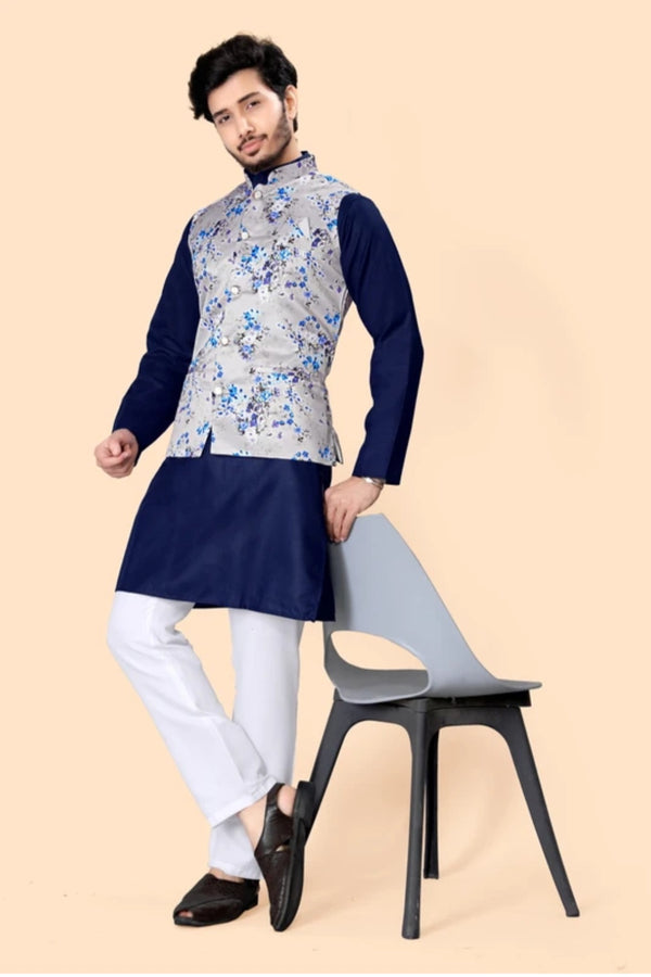 Midnight Blue Kurta with Silver Floral Jacket