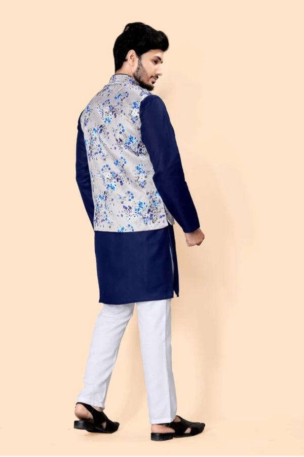 Midnight Blue Kurta with Silver Floral Jacket