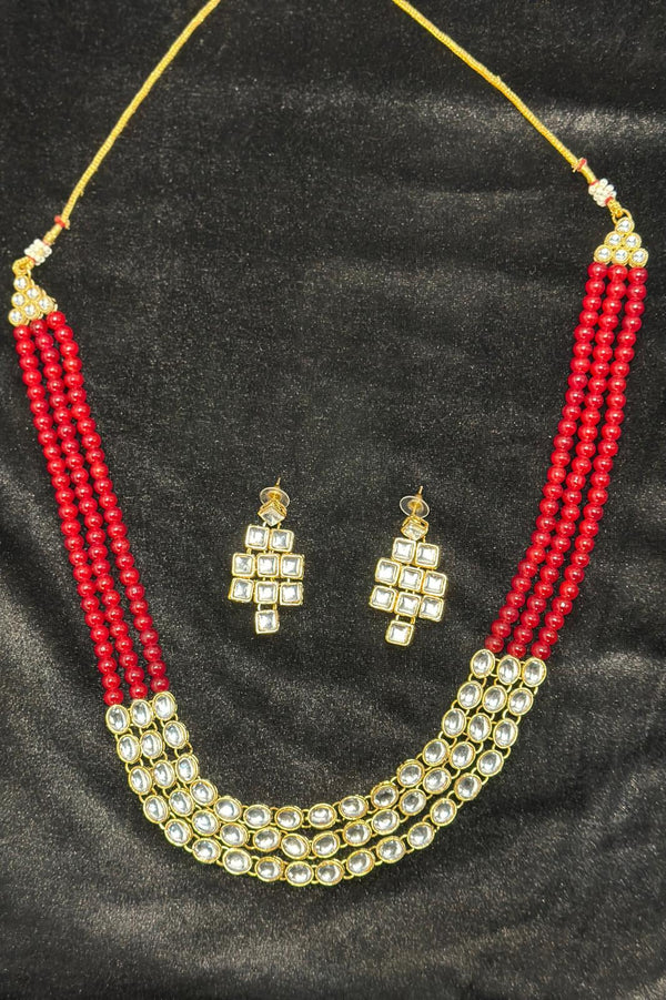 Men - Gold-Plated Maroon Jewellery Set
