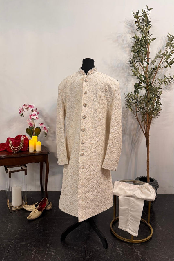 Ivory Floral Asymmetric Embroidered Sherwani
