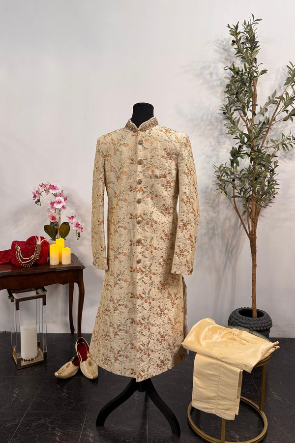 Beige Floral Sherwani