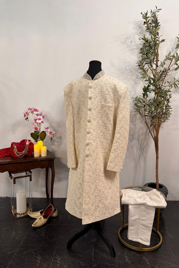 Cream Chikankari work Sherwani