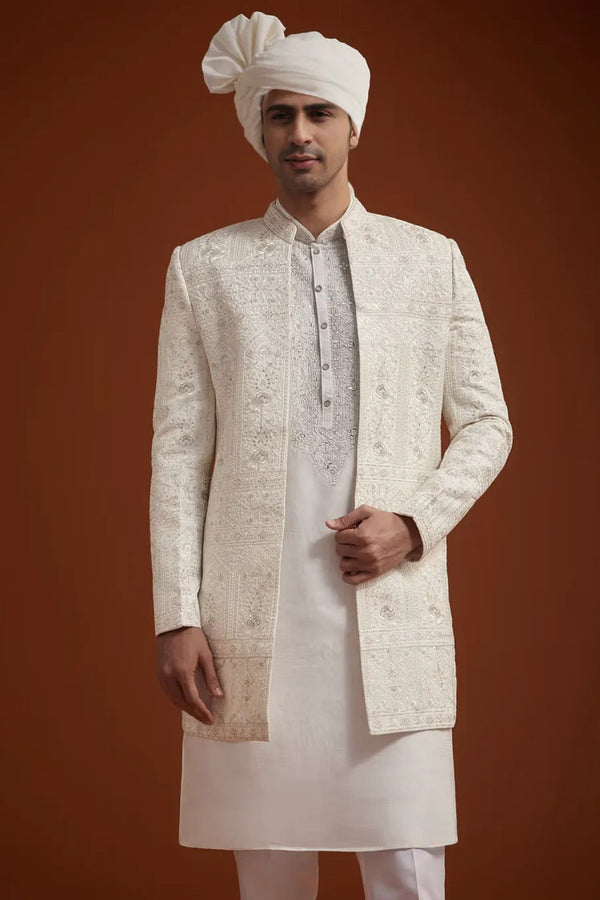 Ivory Open Jacket Sherwani with Resham Embroidery