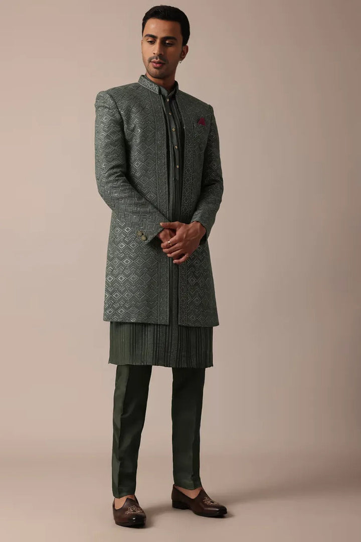 Majestic Green Silk Sherwani Set