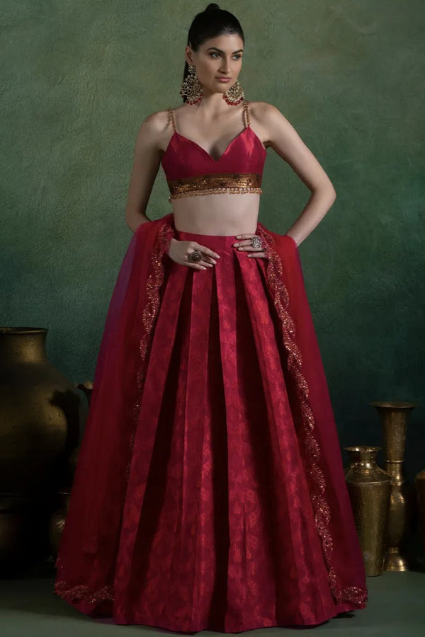 Fuchsia Red Brocade Embroidered Lehenga