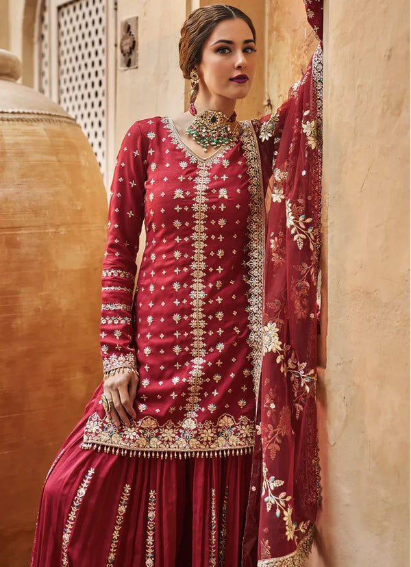 Maroon Gold Embroidered Sharara Set