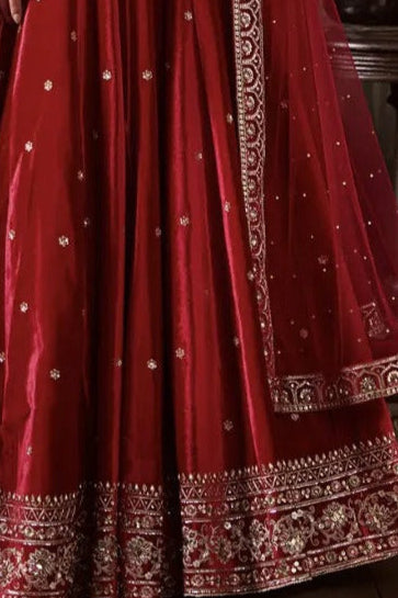 Rani Red Embroidered Velvet Lehenga
