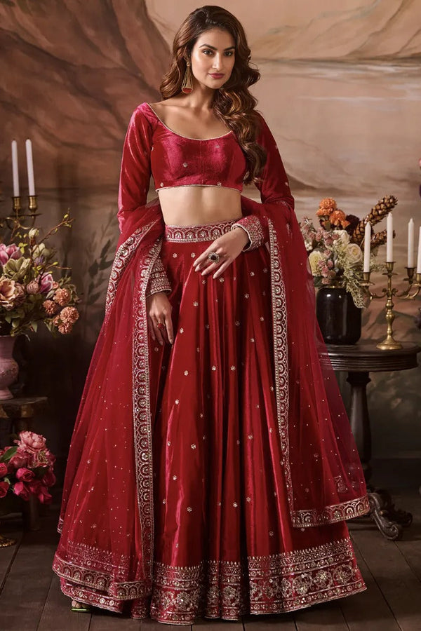 Rani Red Embroidered Velvet Lehenga