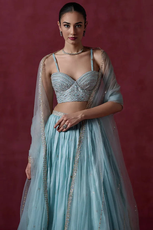 Light Dusty Blue Embroidered Organza Lehenga
