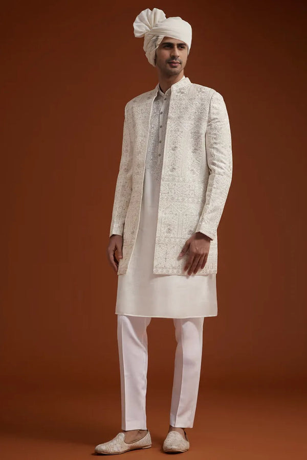 Ivory Open Jacket Sherwani with Resham Embroidery
