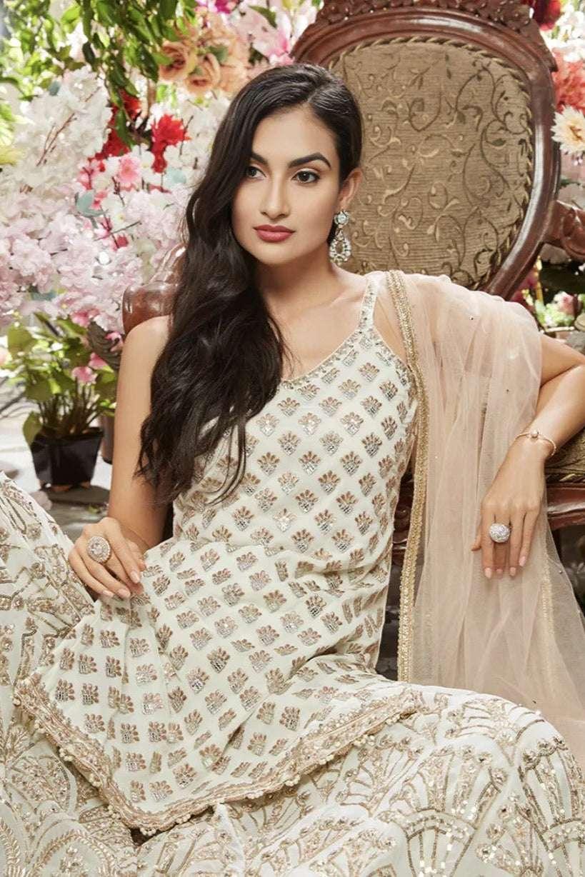 Ivory and Gold Embroidered Sharara Set (Outside Ontario) - myethnicrentals