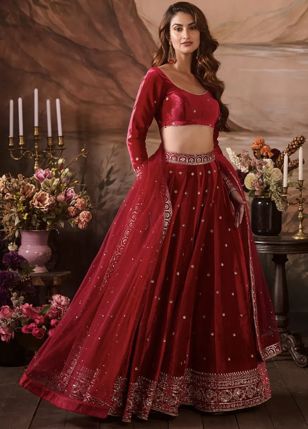 Rani Red Embroidered Velvet Lehenga