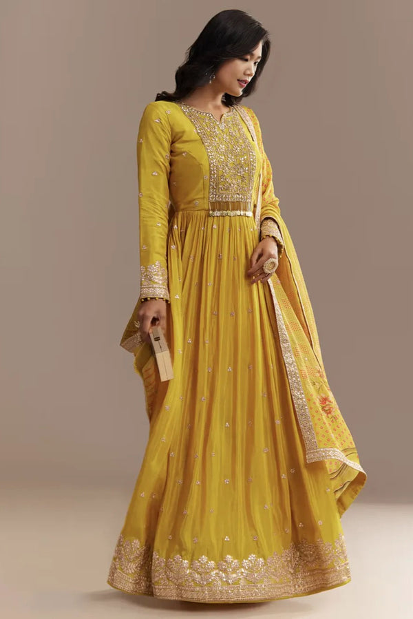 Mustard Zardosi Chiffon Salwar Kameez