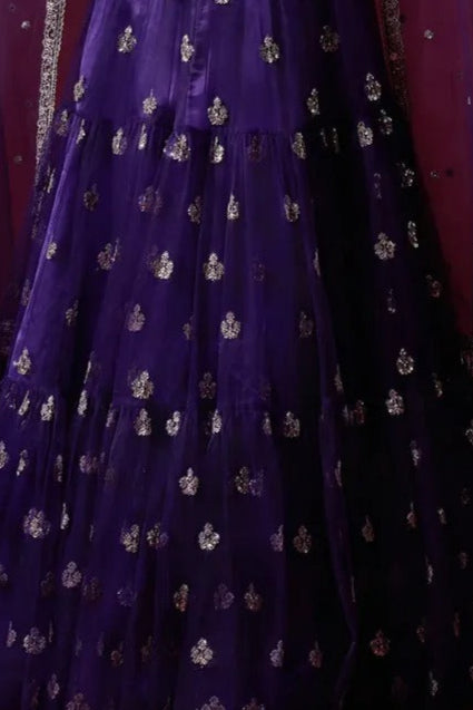 Plum Purple Embroidered Net Lehenga