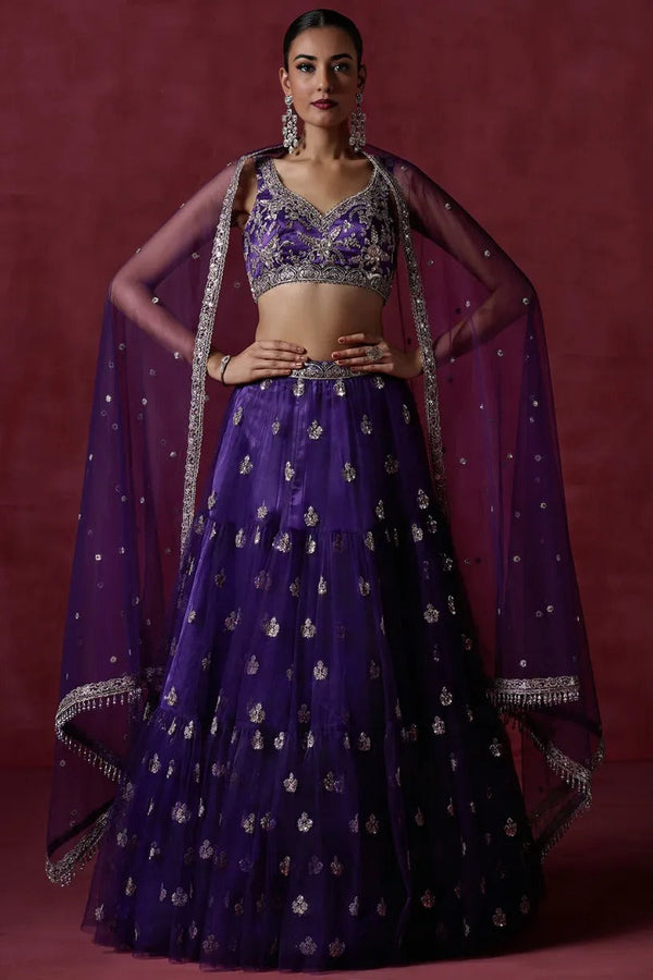 Plum Purple Embroidered Net Lehenga