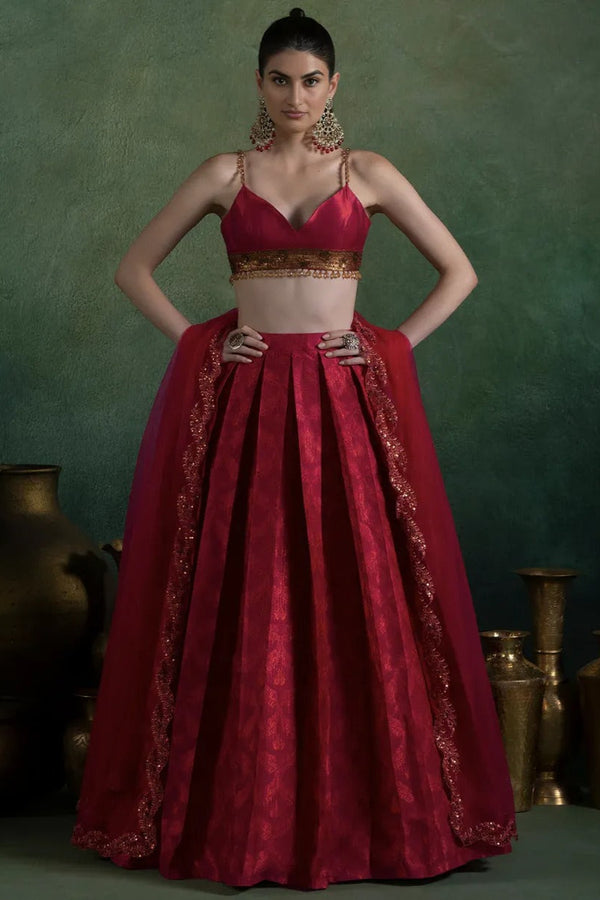 Fuchsia Red Brocade Embroidered Lehenga