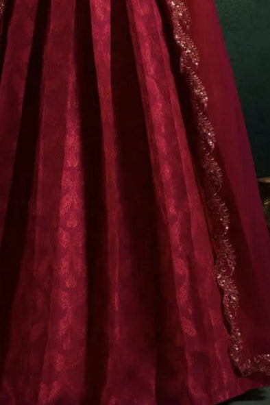 Fuchsia Red Brocade Embroidered Lehenga