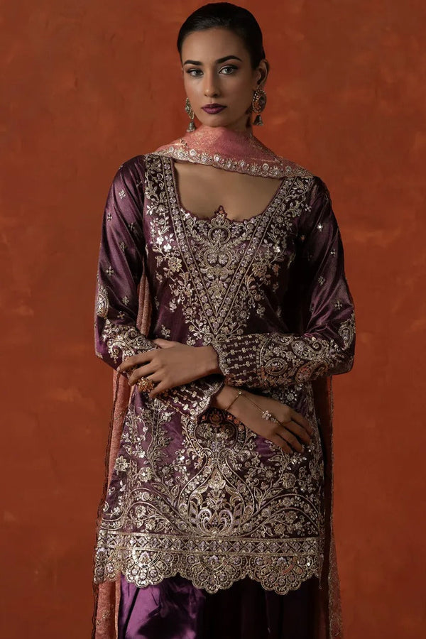 Deep Wine Embroidered Satin Punjabi Suit