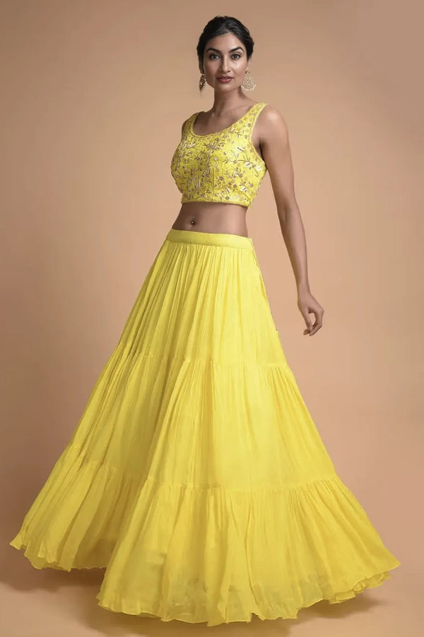 Lemon Yellow Tiered Lehenga with Embroidered Sleeveless Choli