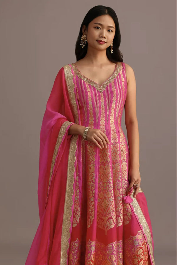 Pink Embroidered Salwar Kameez with Organza Dupatta
