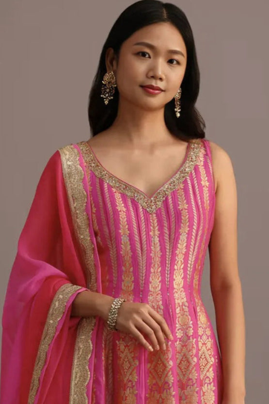 Pink Embroidered Salwar Kameez with Organza Dupatta