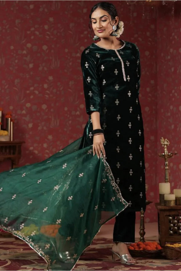Emerald Velvet Motif Embroidered Salwar Kameez
