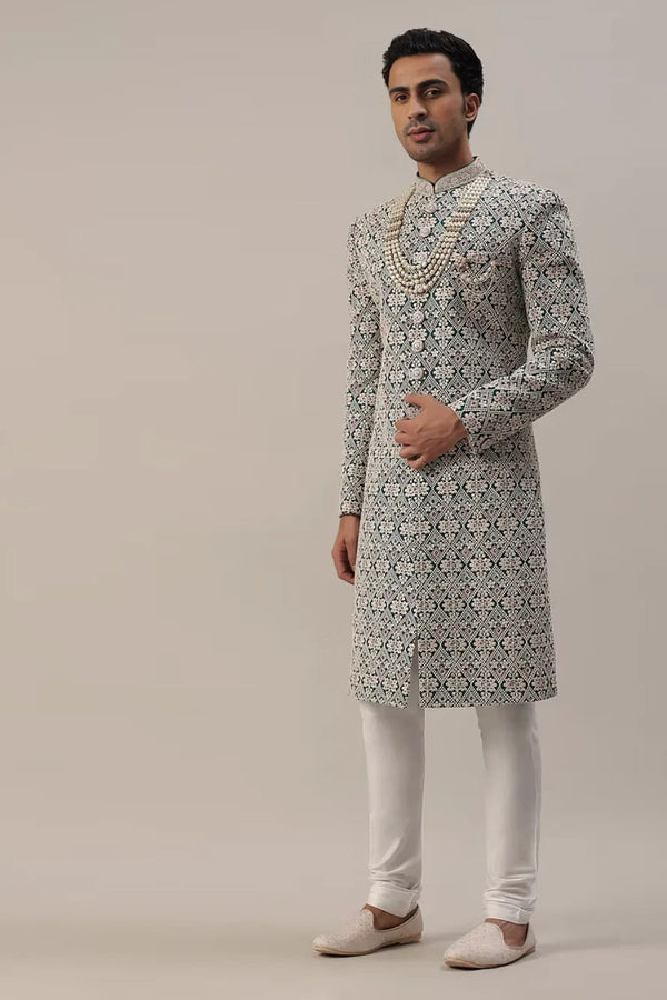 Teal Green Embroidered Sherwani with Layered Mala