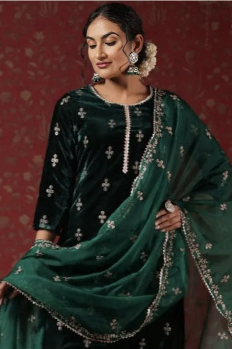 Emerald Velvet Motif Embroidered Salwar Kameez