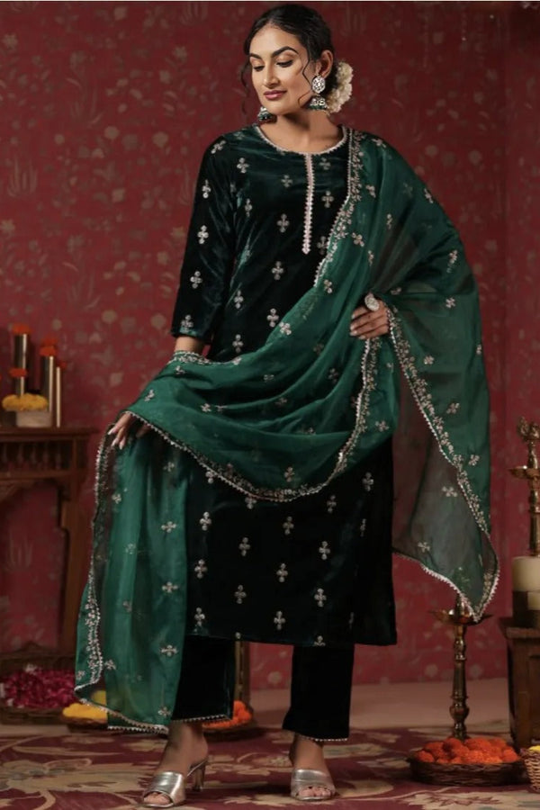 Emerald Velvet Motif Embroidered Salwar Kameez