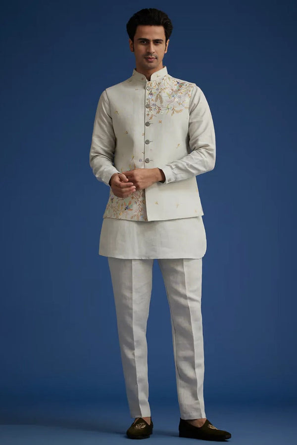 Grey Breeze Linen Suit with Resham Embroidered Jacket