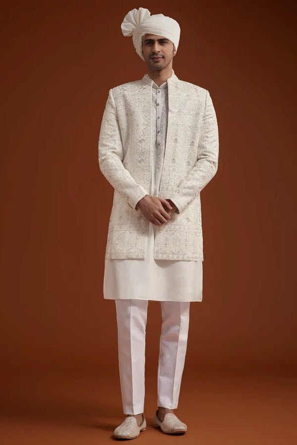 Ivory Open Jacket Sherwani with Resham Embroidery