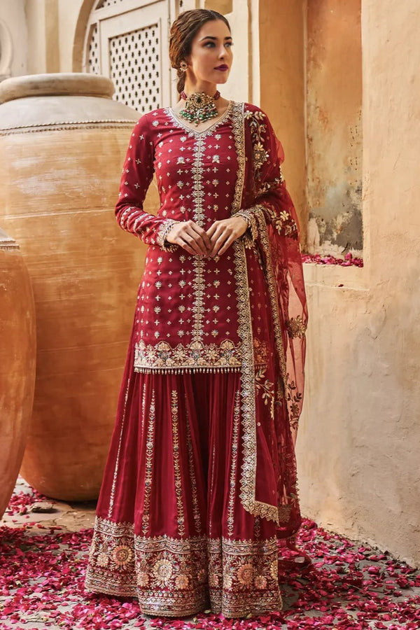 Maroon Gold Embroidered Sharara Set