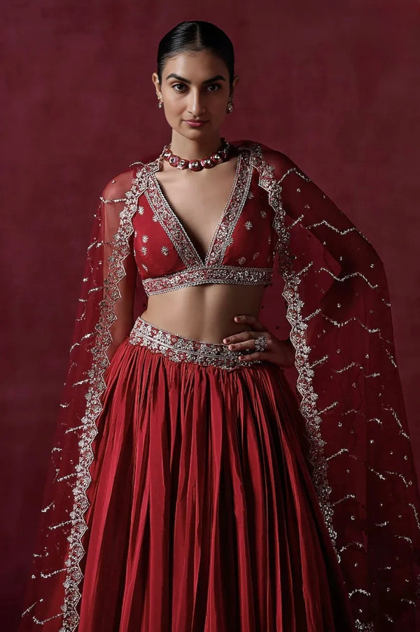Red Crepe Silk Sequins Embroidered Lehenga